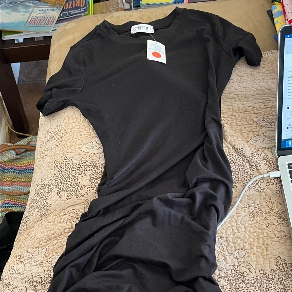 Popular 21 Black T-Shirt Dress Midi with Rushing Size S